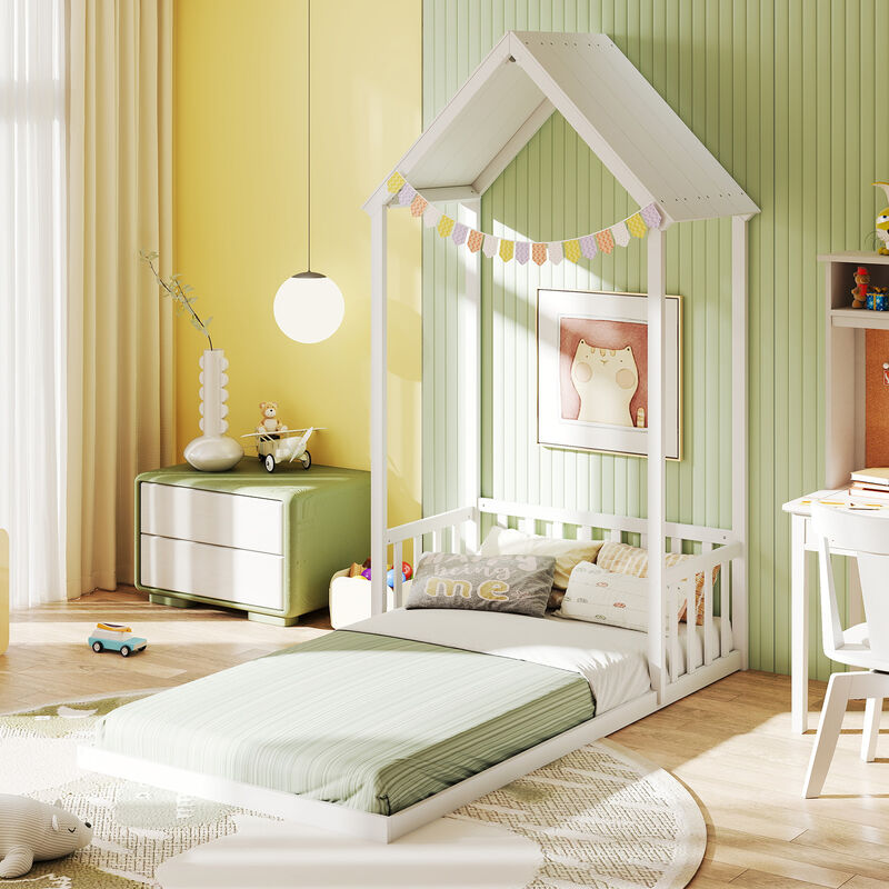 Twin Floor Bed with House Roof and Semi-Fence for Kids Bedroom image number 4