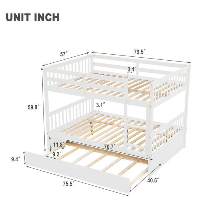 Full Over Full Bunk Bed with Trundle, Convertible to 2 Full Size Platform Bed, Full Size Bunk Bed with Ladder and Safety Rails for Kids, Teens, Adults, White