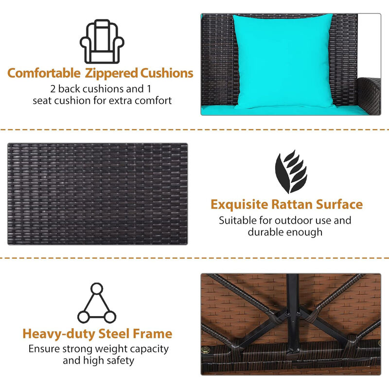 Mondawe 2-Person Wicker Hanging Porch Swing with 2 Back Cushions and 1 Seat Cushion