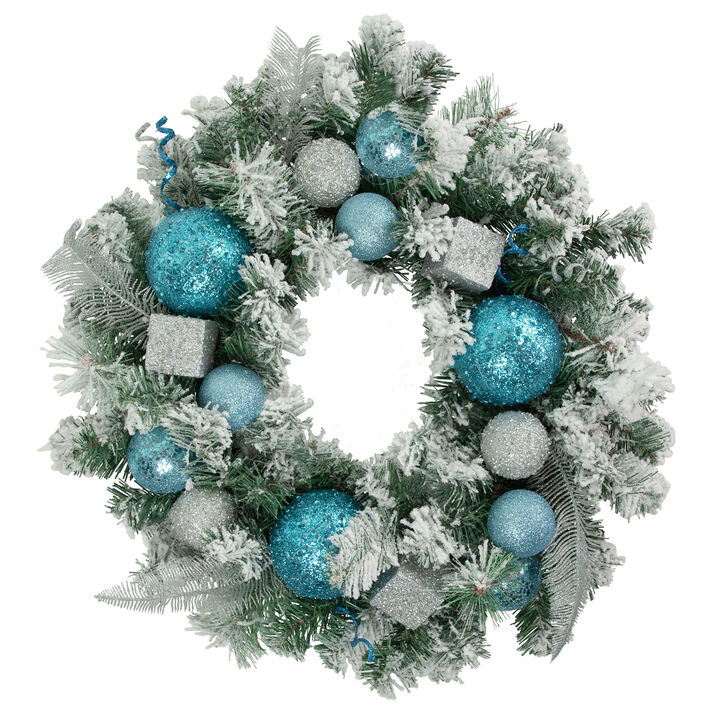 Flocked Pine with Teal and Silver Ornaments Artificial Christmas Wreath  24-Inch  Unlit
