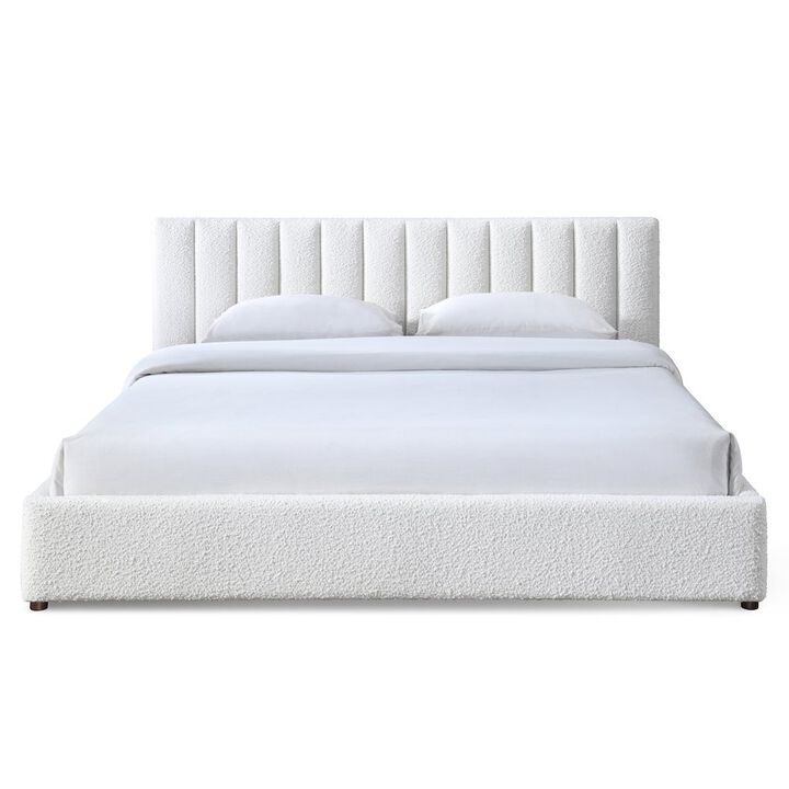 Omax Decor Jaxon Upholstered Platform King Bed in White Boucle Fabric