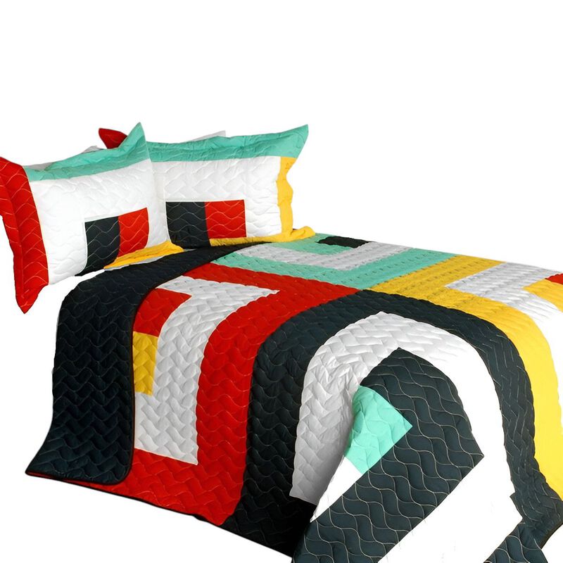 3 Pieces Reversible Geometric Quilt Set with Vermicelli Stitching image number 1