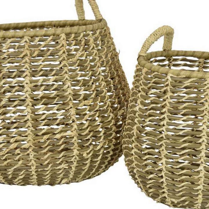 Set of 2 Decorative Storage Baskets, Woven Construction, 2 Handles, Brown - Benzara
