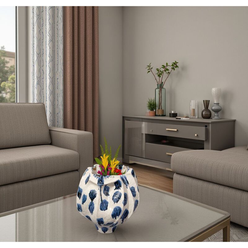 Nery Decorative Vase, Ruffled Edge, Blue White Patchwork Ceramic