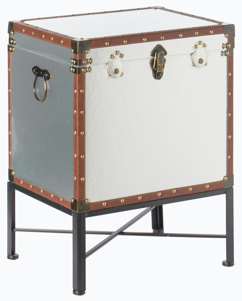 Silver and Brown Trimmed Faux Leather Lockable Square Lined Storage Trunk, End Table on Metal Stand