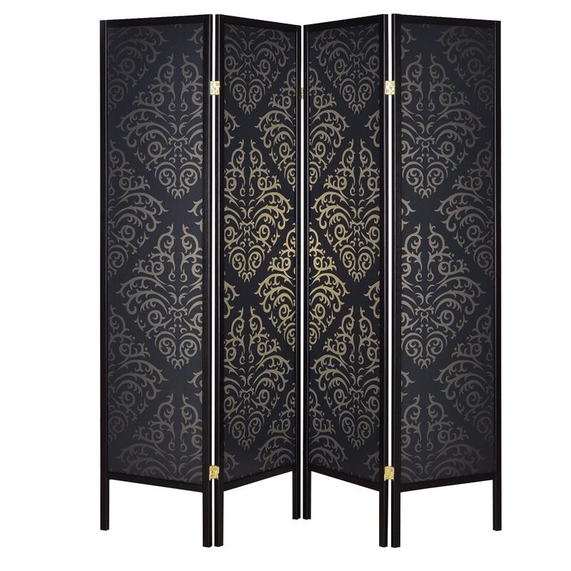 Captivating Four Panel Folding Screen With Damask Print, Black