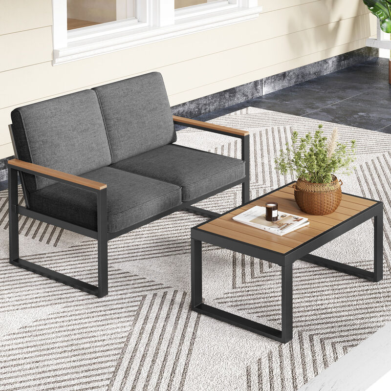 2-Piece Outdoor Aluminum Patio Set with Wood-Plastic Armrests and Table - Grey image number 6