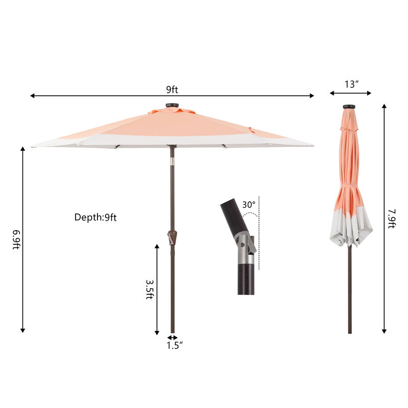 Spencer Classic Coastal 2-Tone Solar LED Market Patio Umbrella with 12 LED Strip Lights, Auto-Tilt, Crank and UV Protection