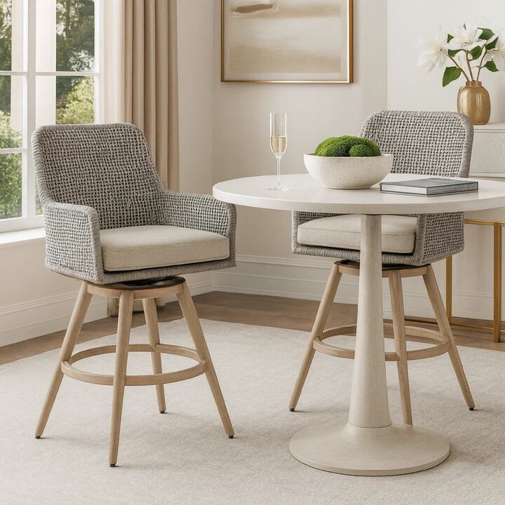 Yami Swivel Barstool Set of 2, Gray Cushions and Wicker Woven Back