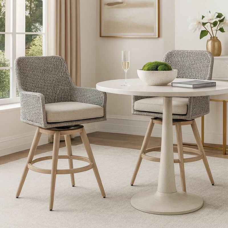 Yami Swivel Barstool Set of 2, Gray Cushions and Wicker Woven Back image number 1