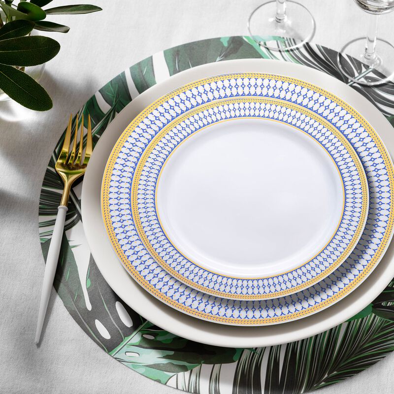 White with Blue and Gold Chord Rim Plastic Dinnerware Value Set (40 Sets) image number 8