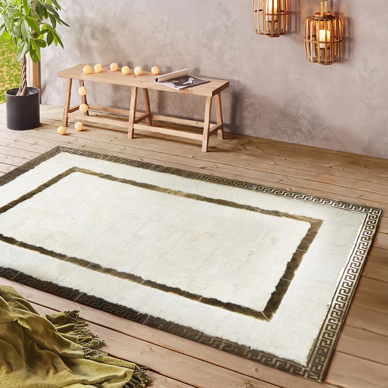 White Tuscan Fur Area Rug with Gold Border Handmade Genuine Luxury Fur Carpet, Custom Size Elegant Living Room Rug, Modern Designer Style image number 5