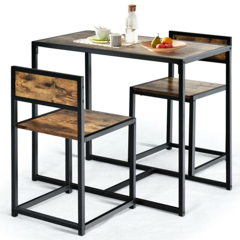 3 Pcs Dining Set Compact Table and 2 Chair with Metal Frame for for Small Space image number 2