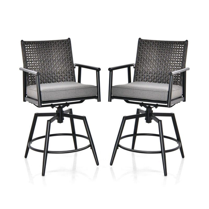 360 Degree Swivel Bar Stool Set of 2 with Metal Frame and PE Rattan Backrest-Black