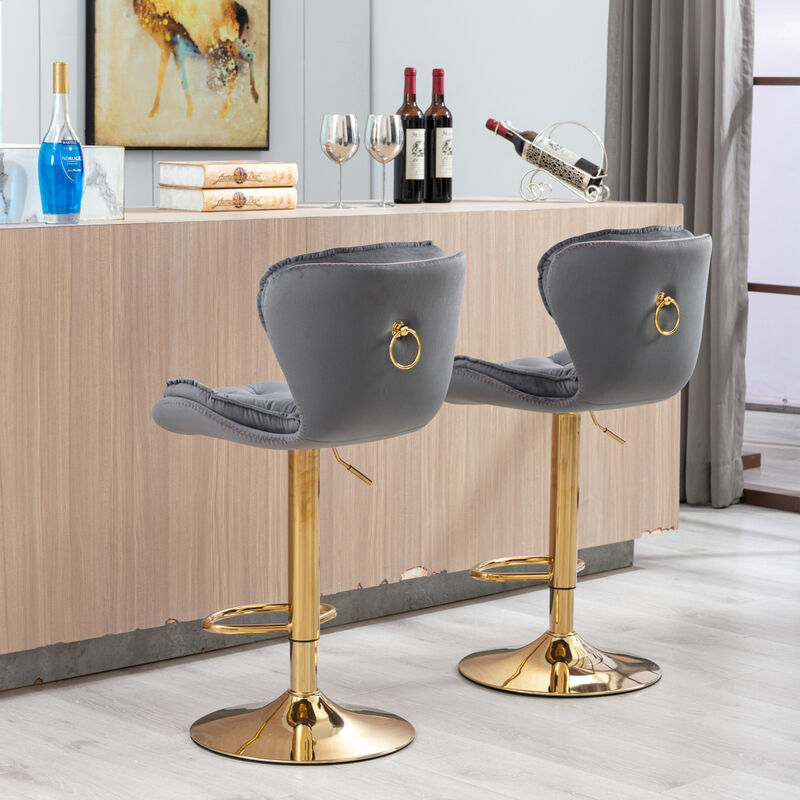 Set of 2 Bar Stools, with Chrome Footrest and Base Swivel Height Adjustable Mechanical Lifting Velvet + Golden Leg Simple Bar Stool-gray