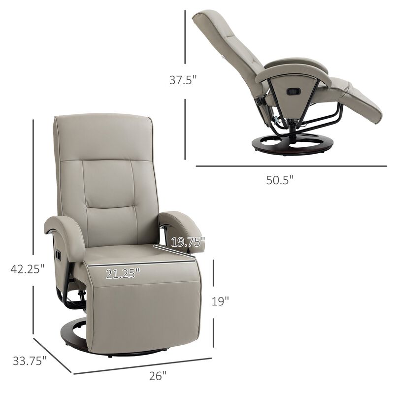 PU Recliner with Footrest, Lounge Chair with 135° Adjustable Backrest, Swivel Wood Base, Padded Seat & Armrests for Living Room, Gray