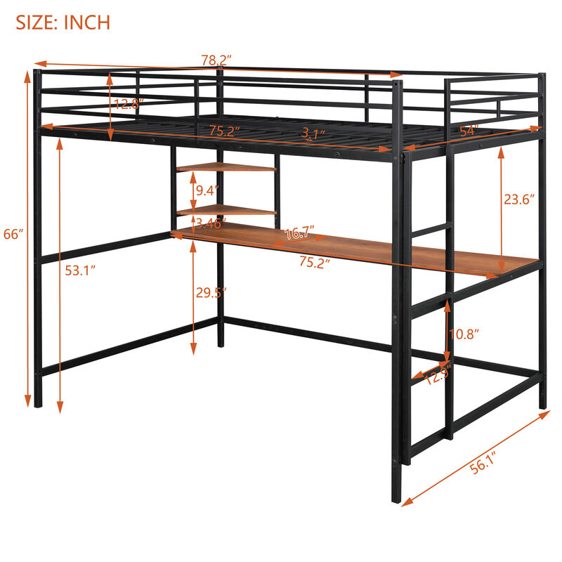 Whisen Full Metal Loft Bed with Desk and Shelve- Black 