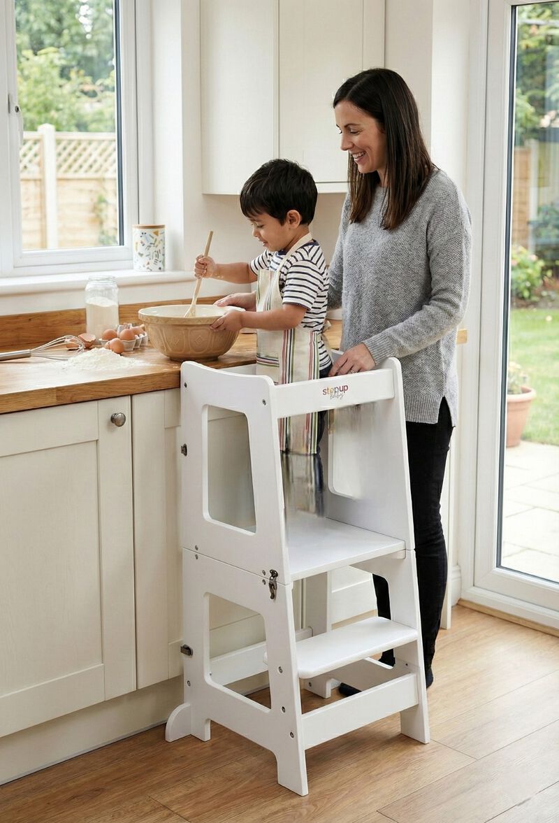 Stepup Baby&reg; 2 in 1 Convertible Toddler Tower - White | Standing Tower Converts into Table Made from 18mm Birch Plywood for Ages 2&ndash;6 image number 3