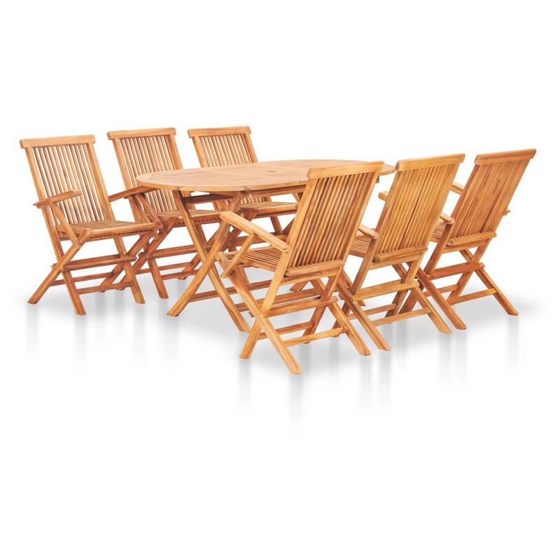 Sam 7pc Outdoor Dining Table Set, 6 Folding Chairs, Brown Teak Wood - Benzara
