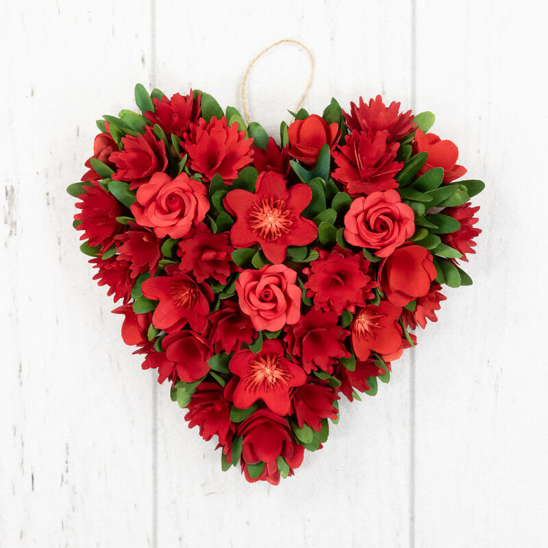 Mixed Floral with Wooden Flowers Artificial Valentine's Day Heart Wreath - 12.25" image number 4