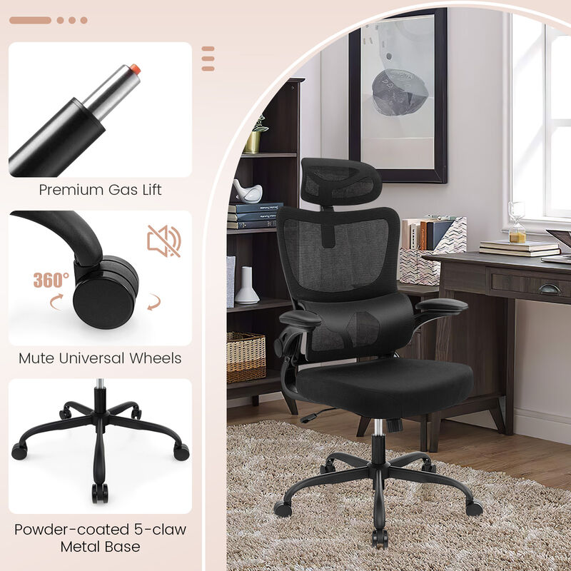 Mesh Office Chair with Adaptive Lumbar Support  Flip-up Armrests  Reclining Backrest-Black image number 5