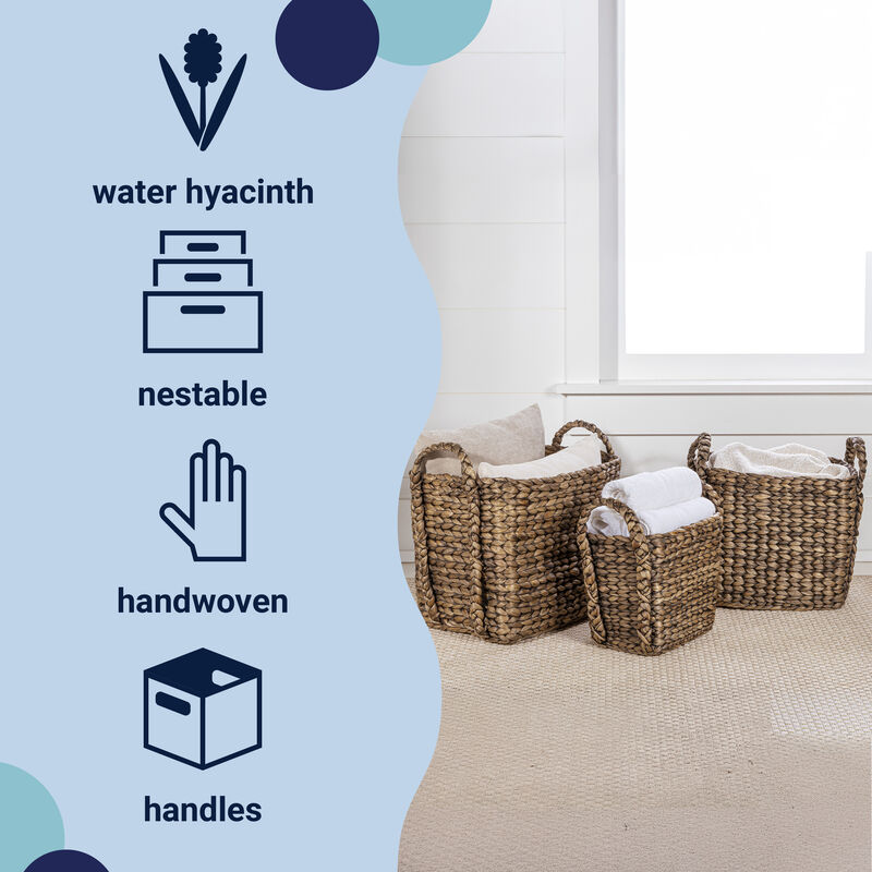 Clara Farmhouse Classic Handwoven Hyacinth Rectangle Storage Floor Baskets with Handles