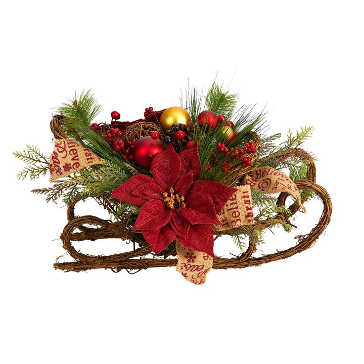 Nearly Natural 18-in Christmas Sleigh with Poinsettia, Berries and Pinecone Artificial Arrangement with Ornaments