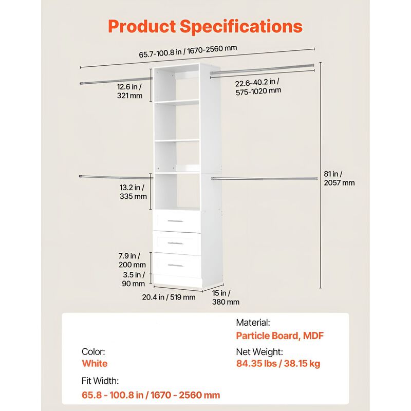 Wooden Closet System with 4 Hanging Rods and Drawer Storage - White image number 2