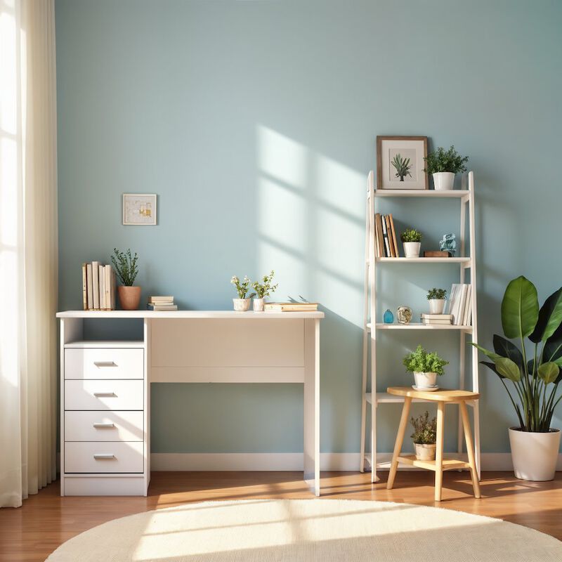 FurniFact White Desk with 4 Drawers - Modern Office Desk for Storage and Productivity