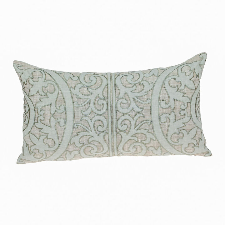 HomeRoots 14" X 24" Beige and Green Linen Lumbar Throw Pillow with Embroidery