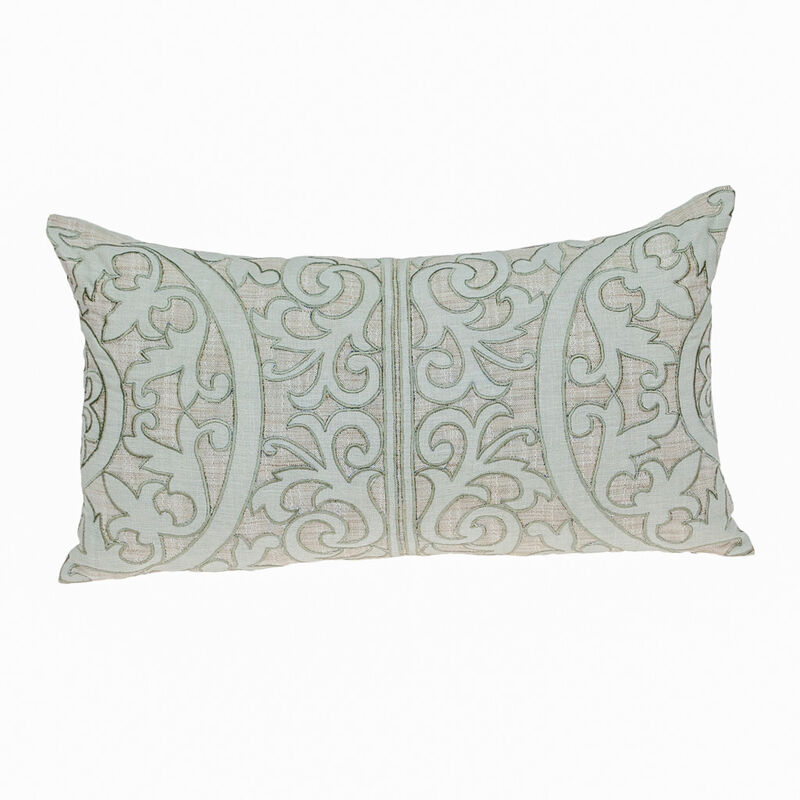 HomeRoots 14" X 24" Beige and Green Linen Lumbar Throw Pillow with Embroidery image number 0