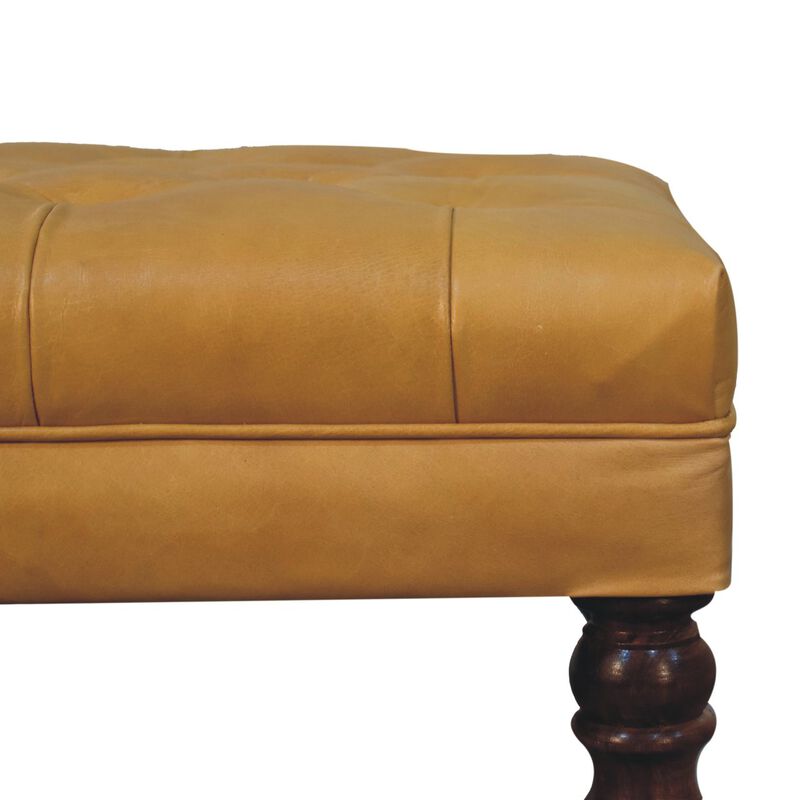 Artisan Furniture Solid Wood Honey Caramel Buffalo Ash Black Leather Ottoman with Castor Legs