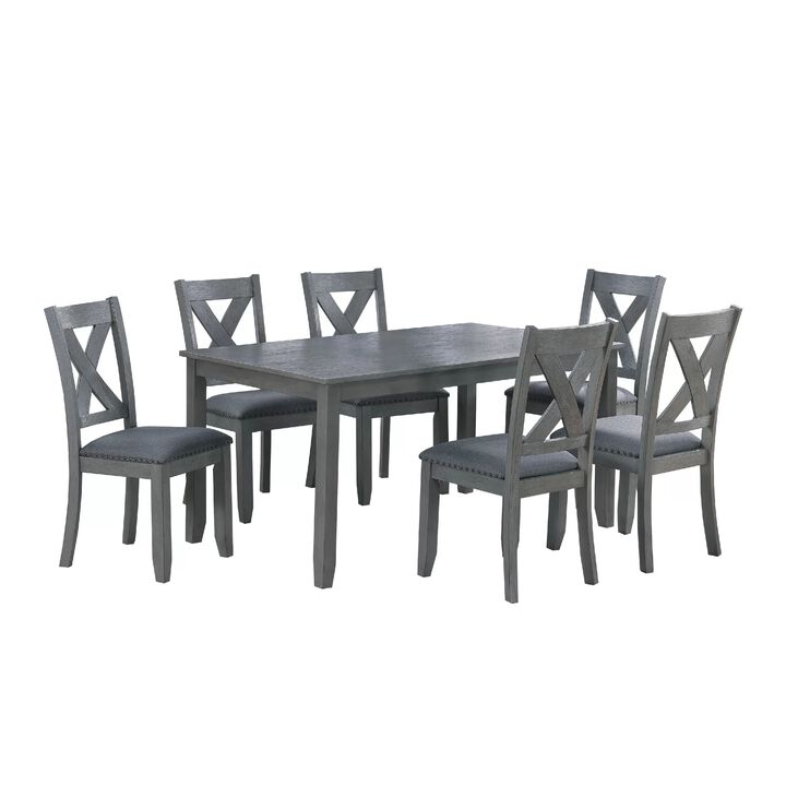 Carla 7pc Dining Table Set 6 Chairs, Nailhead Trim, Farmhouse Gray Wood