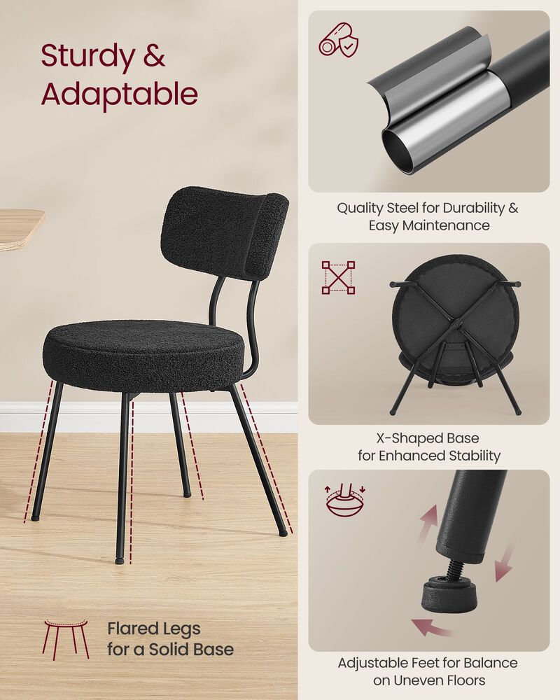 Modern Black Dining Chairs Set of 2 Teddy Fleece with Metal Frame image number 4
