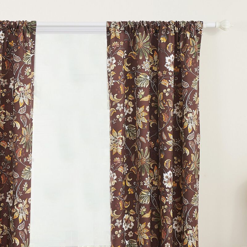 Athens 84 Inch Window Panel Curtain, Brown Microfiber Polyester, Jacobean - Benzara