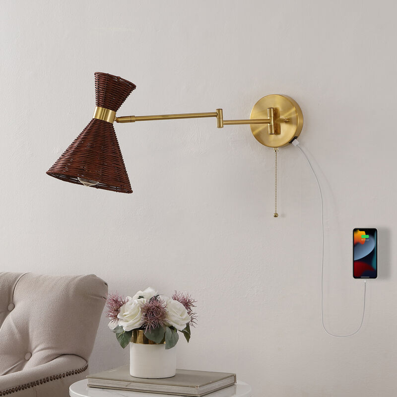 Lily 25" 1-Light Mid-Century Vintage Retro Rattan/Metal USB Charging Swing Arm LED Sconce with Pull Chain, Light Brown/Brass Gold