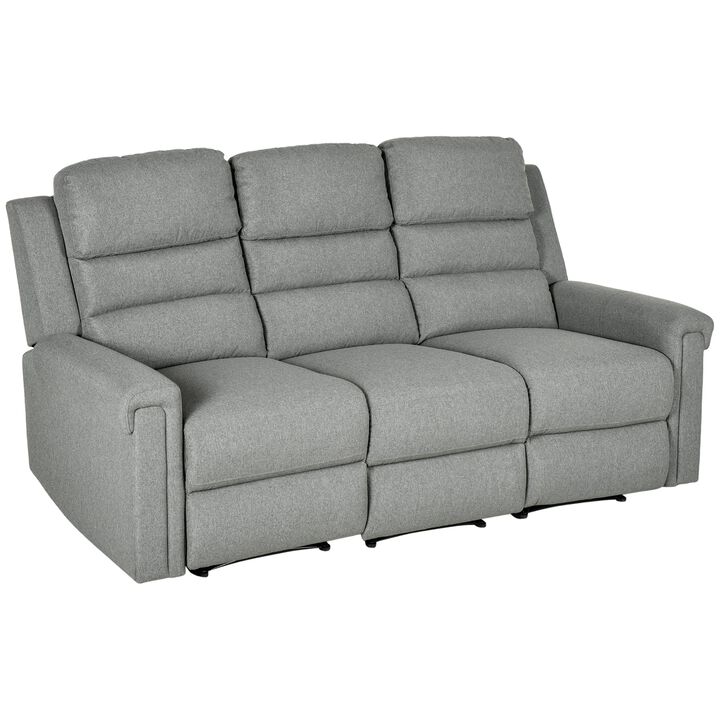 Modern 3 Seater Manual Reclining Sofa Lounger with Easy Pull Handles, and Adjustable Footrest, Grey