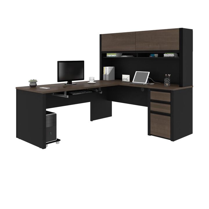 Bestar Connexion L-shaped workstation with hutch in Antigua & Black