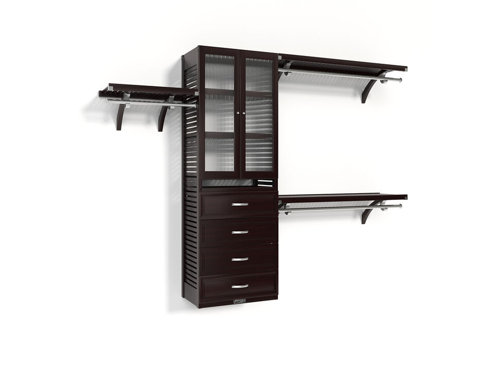Solid Wood Walk-In Closet Organizer with 4 Drawers and Glass Doors