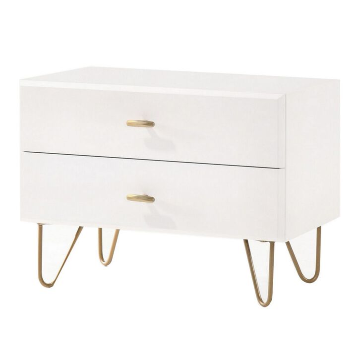 2 Drawer Wooden Nightstand with Metal Pulls and Hairpin Legs,White and Gold-Benzara