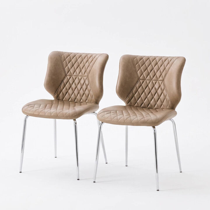Set of 2 Leather Dining Chairs Square High Back Dining Chairs with Diamond Tufting Retro Dining Chairs with Metal Legs and Back Handle