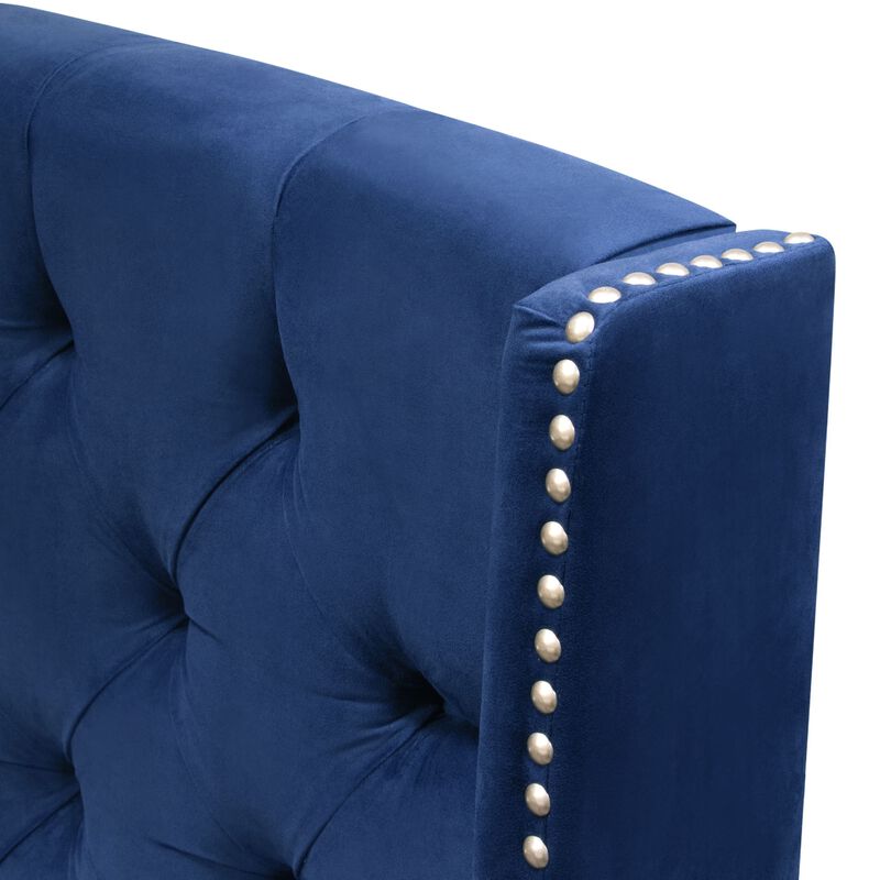Mona Queen Size Bed, Navy Blue Velvet Upholstery, Nailhead Wingback Headboard