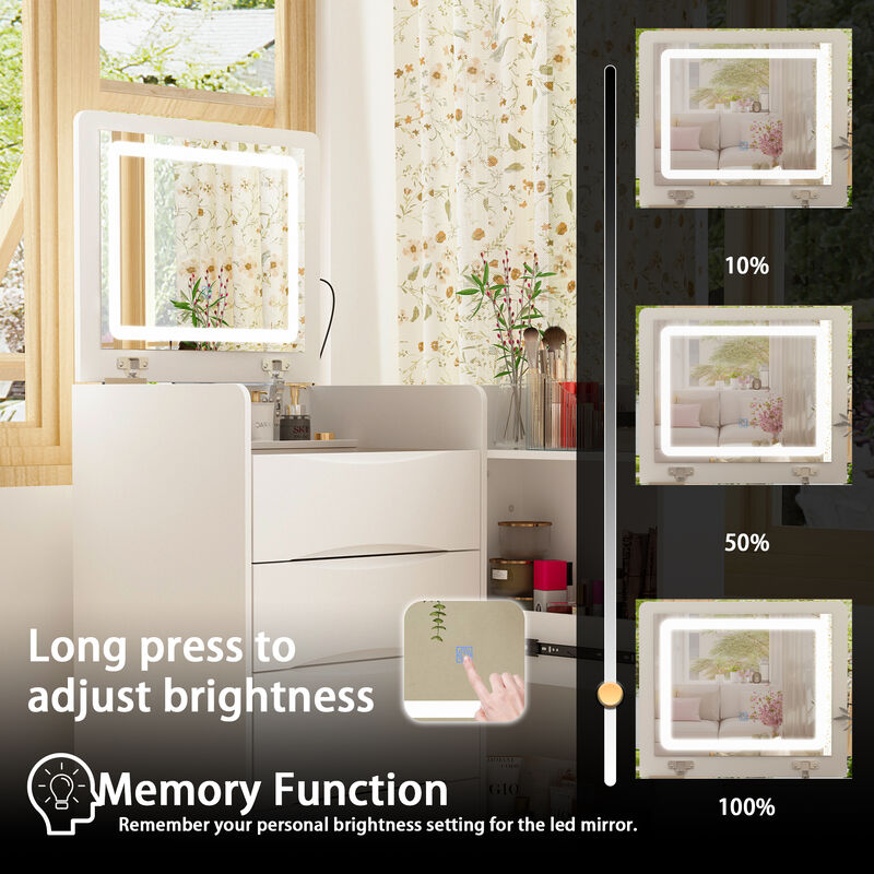 FUFU&GAGA Makeup Vanity with LED Lighted Mirror, Storage Drawers, Shelves, and Cushioned Stool (24.1" W x 15.7" D x 47.2" H), White