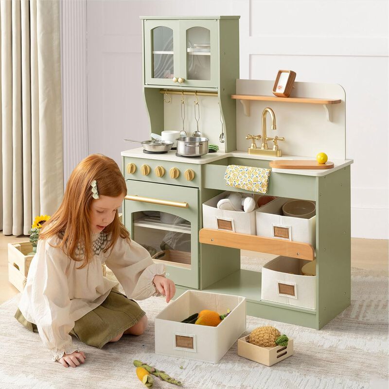 Wooden Play Kitchen with Toy Storage, Built-In Cabinets, Felt Bins & Cookware Accessories Make Cleanup Easy While Encouraging Organizational Skills image number 9