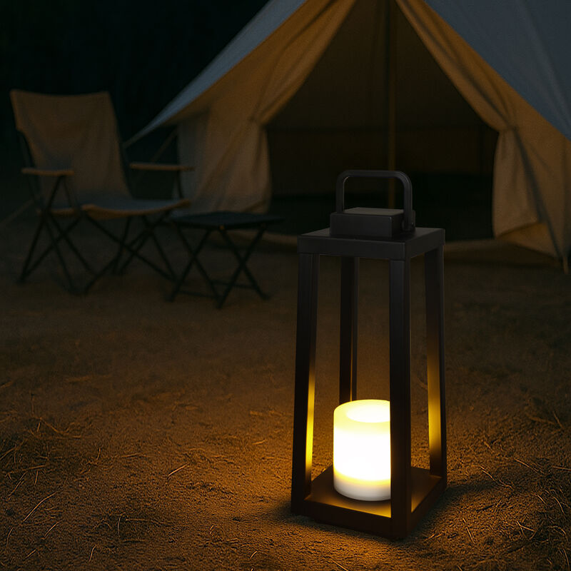 1 Light H16" Modern Matte Black Solar Lantern with Candle Shape Outdoor Light Decorative Portable Hanging LED Lights for Patio Camping image number 3