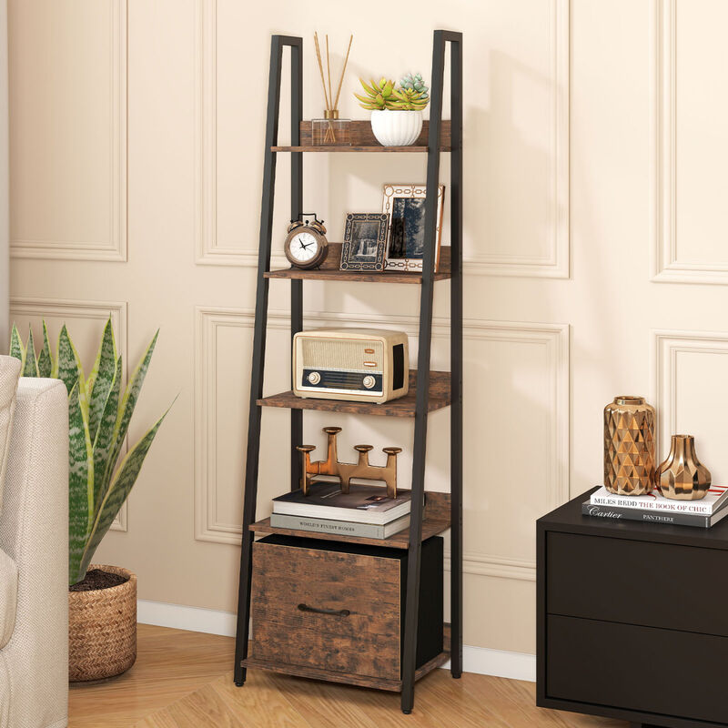 Modern 5-Tier Ladder Bookshelf with Fabric Storage Drawer image number 4
