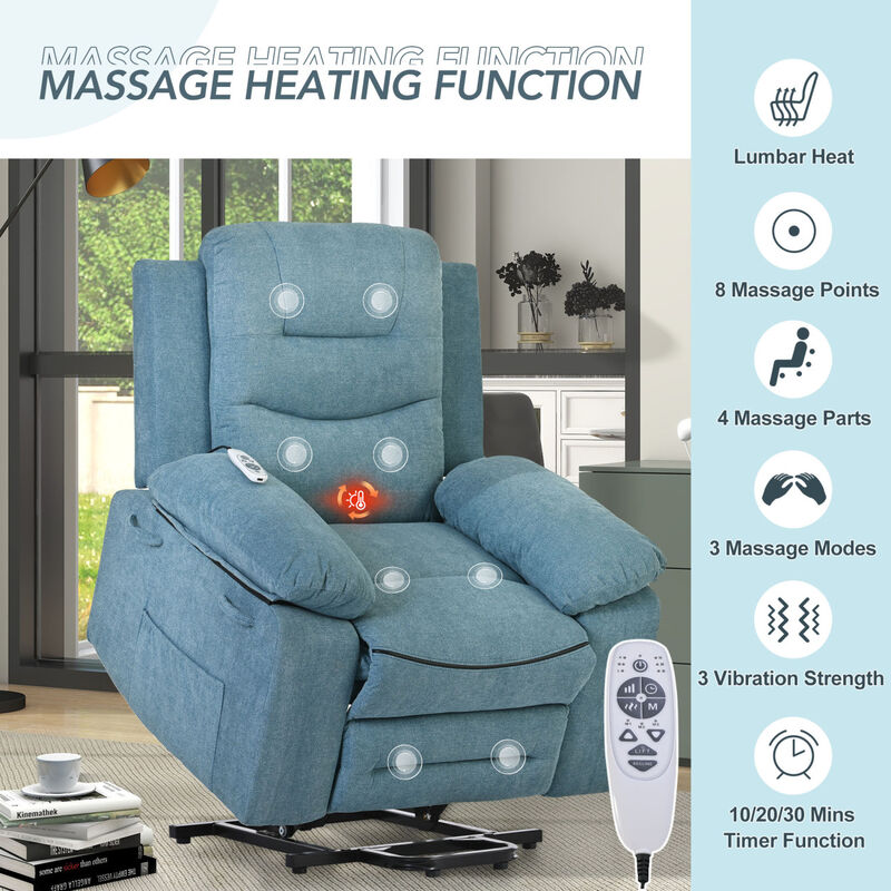 Massage Recliner, Power Lift Chair for Elderly with Adjustable Massage and Heating Function, Recliner Chair with Infinite Position and Side Pocket for Living Room, Blue