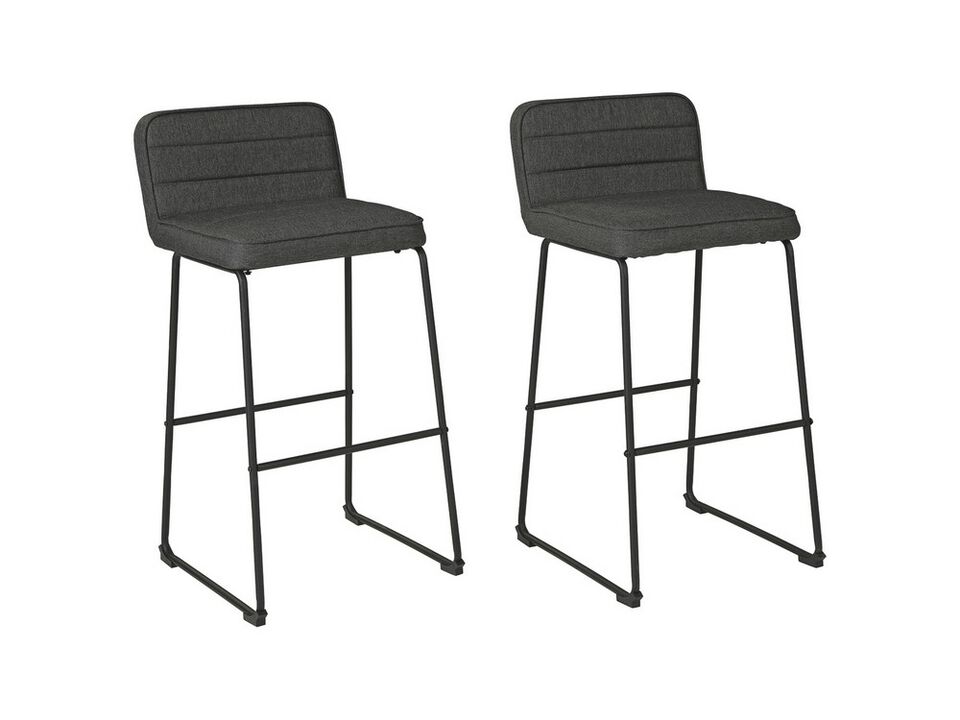 40 Inch Channel Stitched Low Fabric Barstool with Sled Base, Set of 2, Gray - Benzara