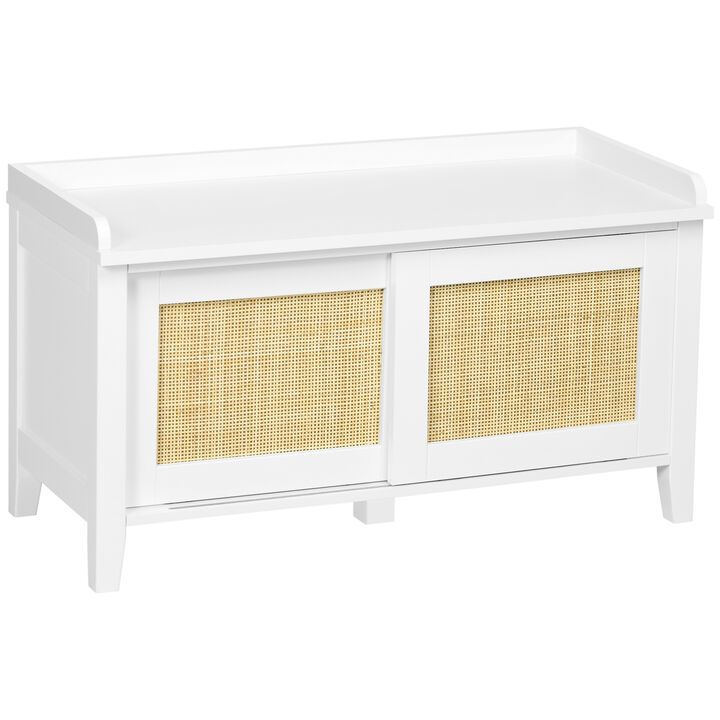 HOMCOM Small Shoe Bench with Storage, Boho Entryway Bench with Shoe Cabinets, 2 Rattan Sliding Doors and Pine Wood Legs for Hallway, White