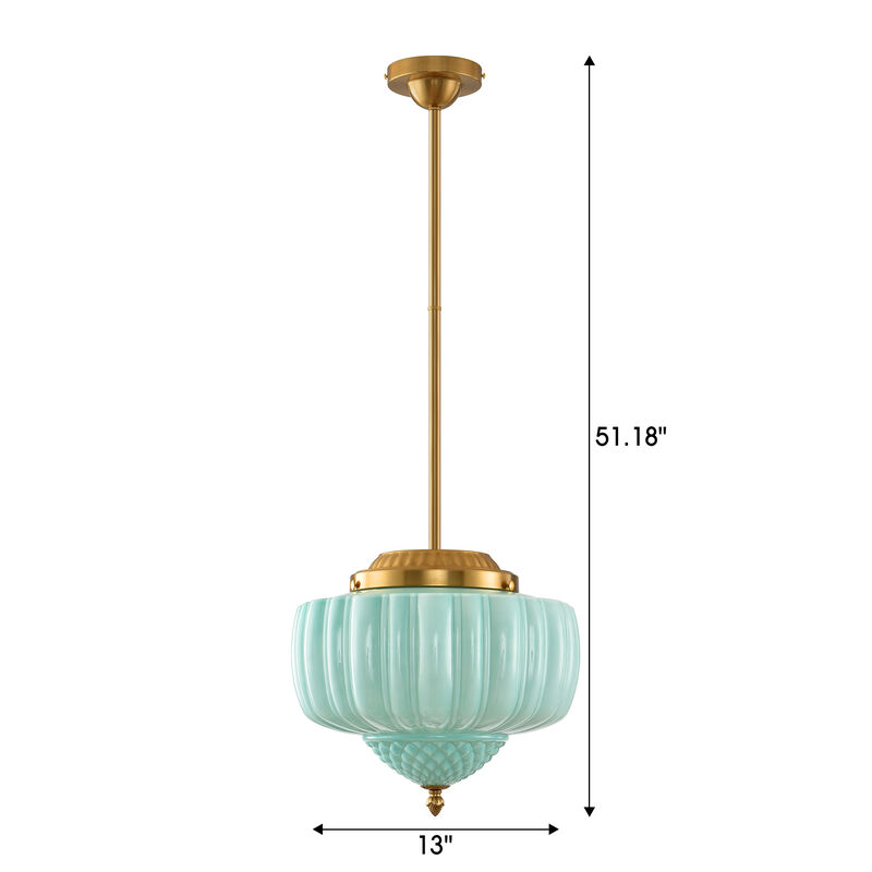 13" Schoolhouse Gold Pendant Light with Mint Green Milk Glass Shade and Adjustable Rod for Bedroom, Living Room or Dining Room image number 4